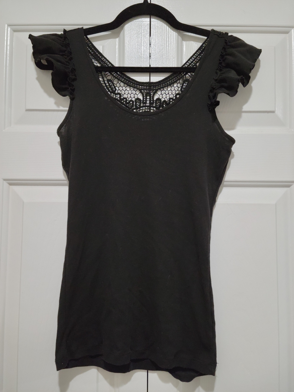 Victoria's Secret Black Ruffle Sleeve Tank with Crochet Lace Back
